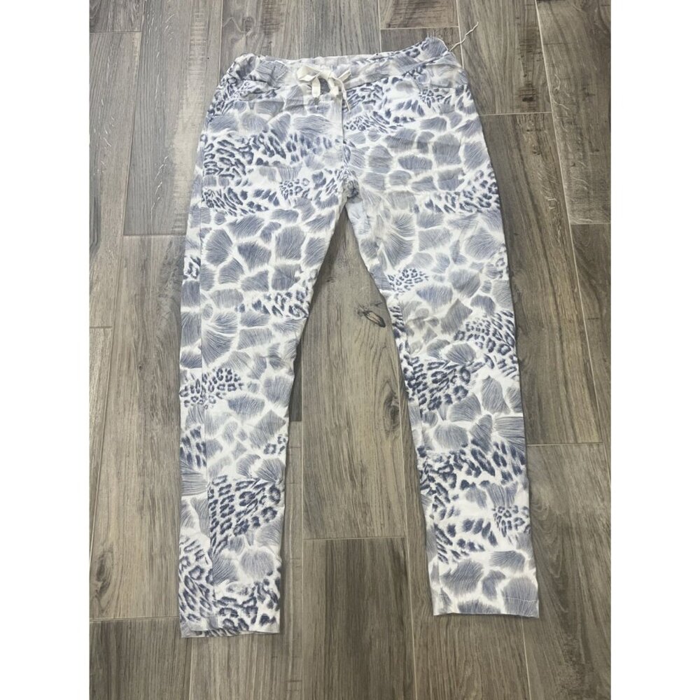 Gigi Moda Italy Abstract Print Stretch Pants Blue White Boutique One Size